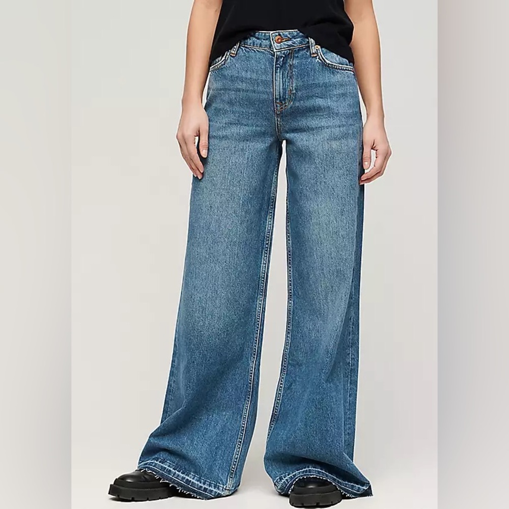 Women's Superdry Vintage Blue Raw Hem Wide-Leg Flare Jeans